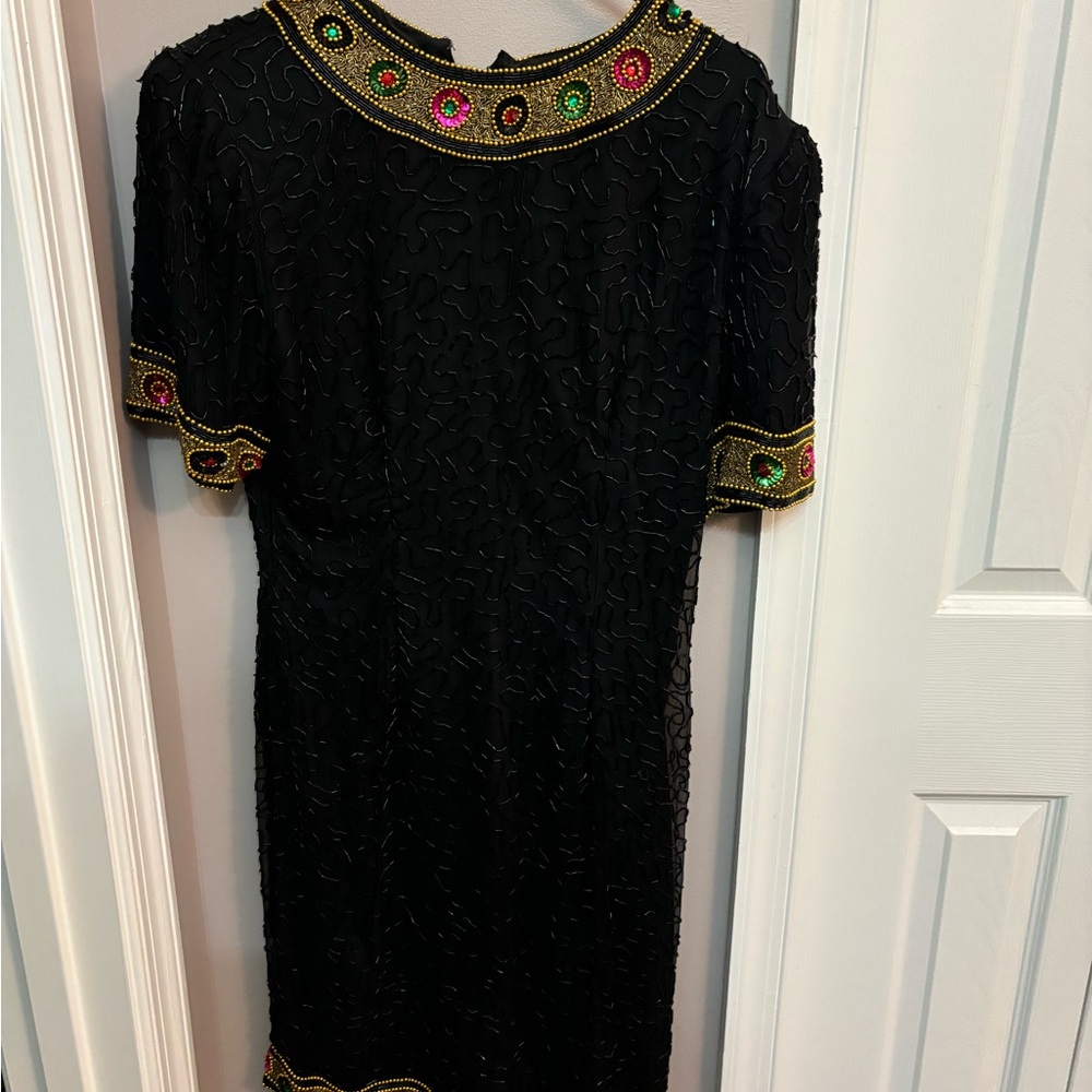 Elegant Black Dress with Colorful Embellishments
